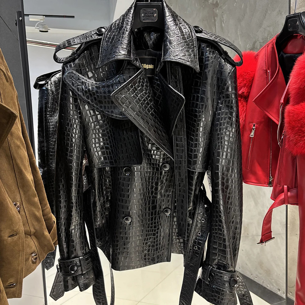 YOLOAgain Double Breasted Croc Pattern Leather Jacket Women Autumn Genuine Ladies 251021