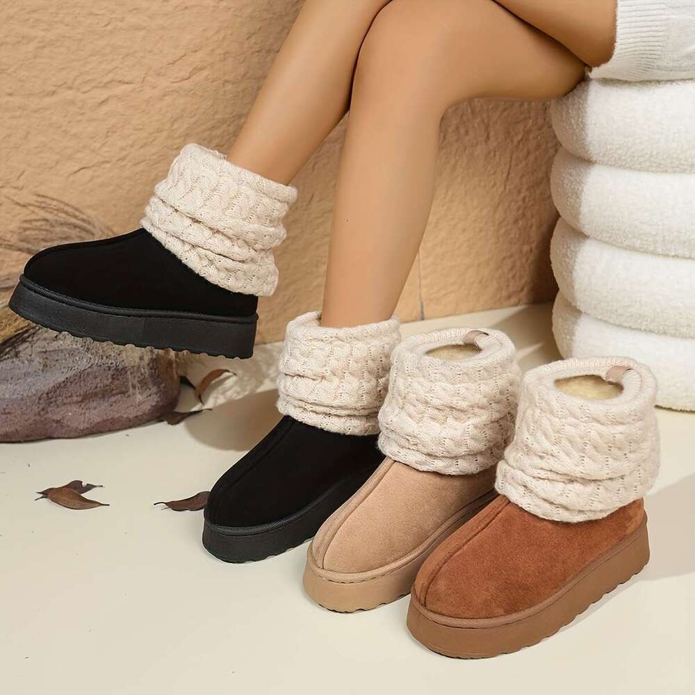 Women's Cozy Slip-On Mid-Calf Boots With Thick Platform Round Toe Cuff Soft Fabric Upper, Faux Cover Sole, Beige, Brown, Black - Perfect For Outd