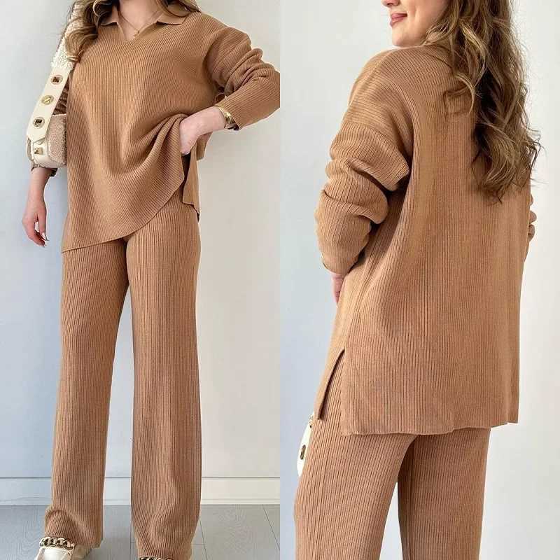 Two Piece Pant Sets Women Knit Sweater V Neck Full Sleeve Splice Loose Fit Trousers Matching Sets Thick Pants Casual Office LadyT251022