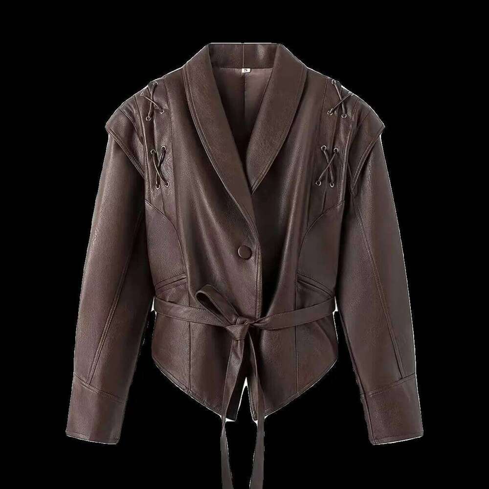 Mauroicardi Spring Autumn Short Retro Brown Pu Leather Jacket Women Sashes Lace Up Designer Emo Clothes European Fashion