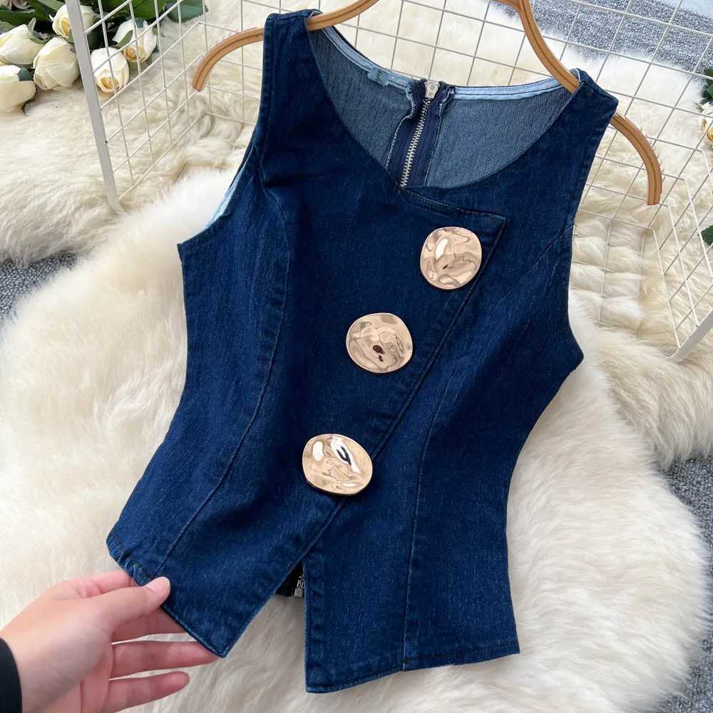 Denim Pant Set Women Two Piece Sets Sleeveless Vests Tops Wide Leg Long Pants High Waist Y2k Streetwear Elegant Work 2025T251022