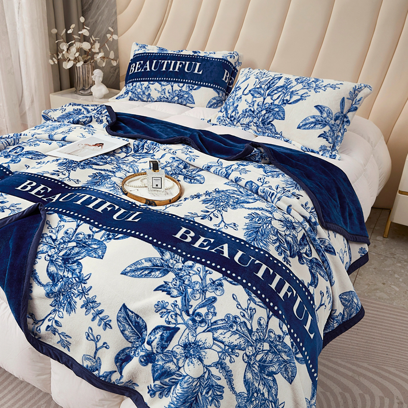 Designer Luxury Brand Skin-friendly Soft Throw Milk Fluff Nap Blanket with Plants and Flowers Camellia Pattern for Office /Bedroom /Travel /Gift W2603