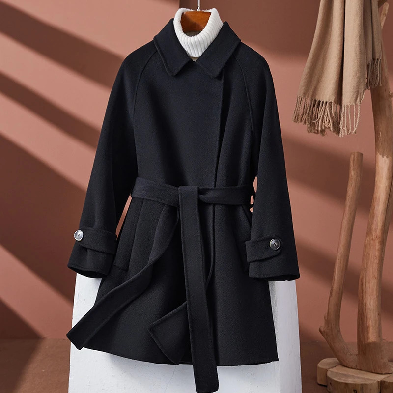 Doublefaced Cashmere Coat 100 Wool Winter Womens Woolen Coat Belt Thick Warm Casual Midlength Outwear Loose Fashion Jackets 251020