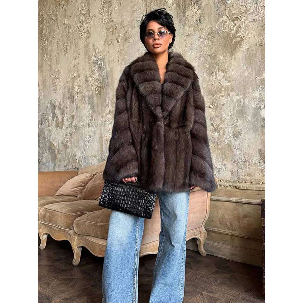 Women Fluffy Faux Fur Coat Fashion Lapel Long Sleeve Loose Pleated Jackets 2025 Winter Female Chic High Street Outerwear