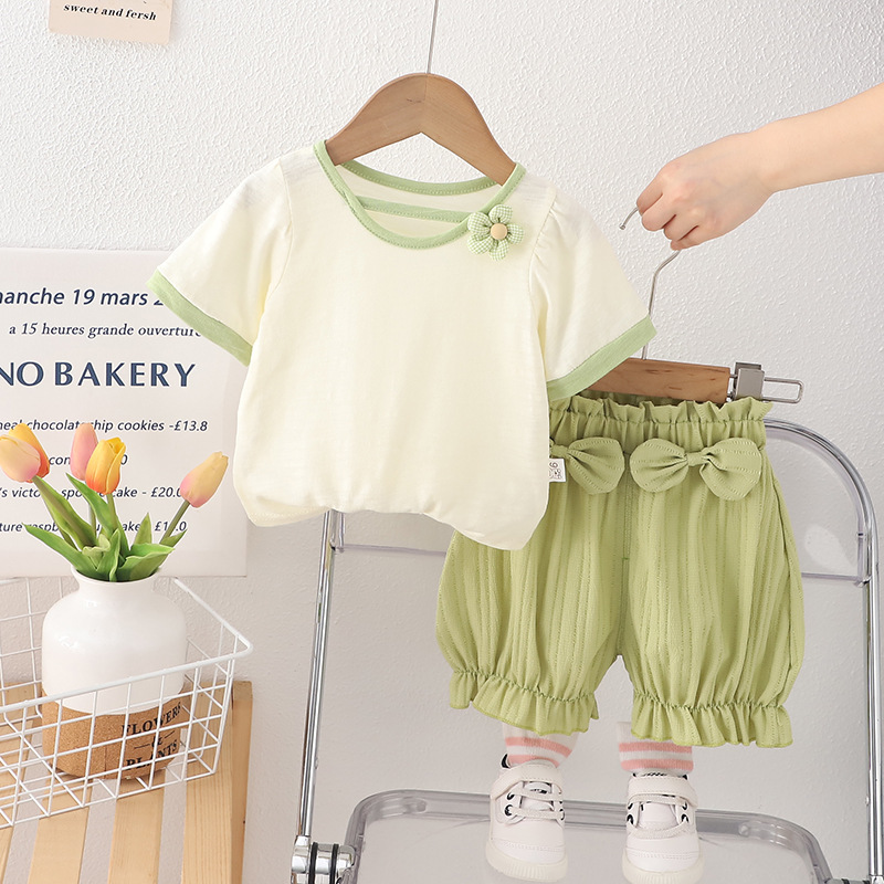 Cute Floral Bow 2-Piece Set, Girls Summer Shorts Outfit, Breathable Cotton Clothes for Toddler