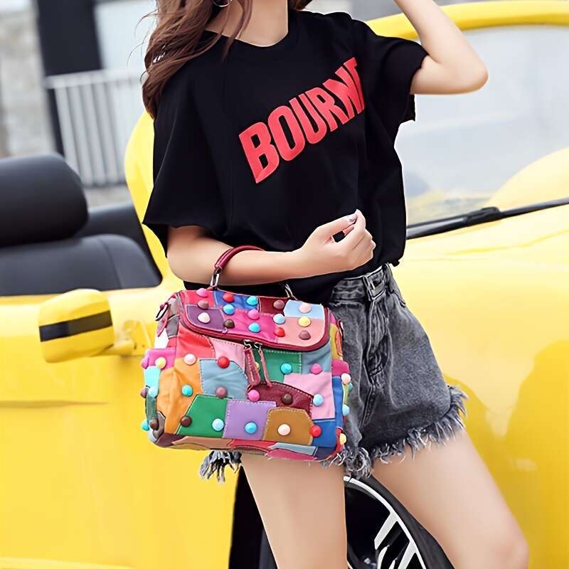 1Pc Geometric Pattern Handbag - Detachable Shoulder Strap, Zipper Closure, Polyester Lining, Multi-Functional Spacious Messenger Bag With Random Patch