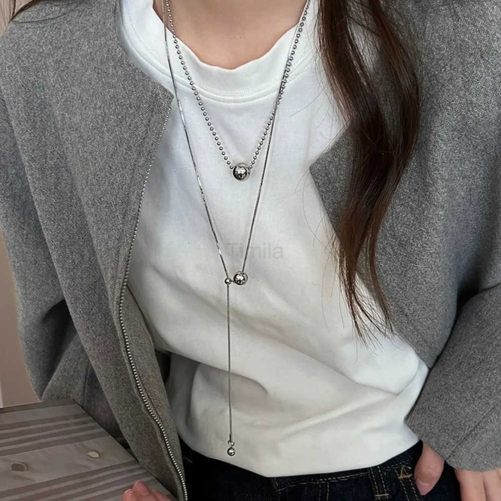Personality Design Silver Color Stainless Steel Beaded Ball Pendant Necklace for Women Double Layer Hip Hop Rock Chokers Jewelry U251022