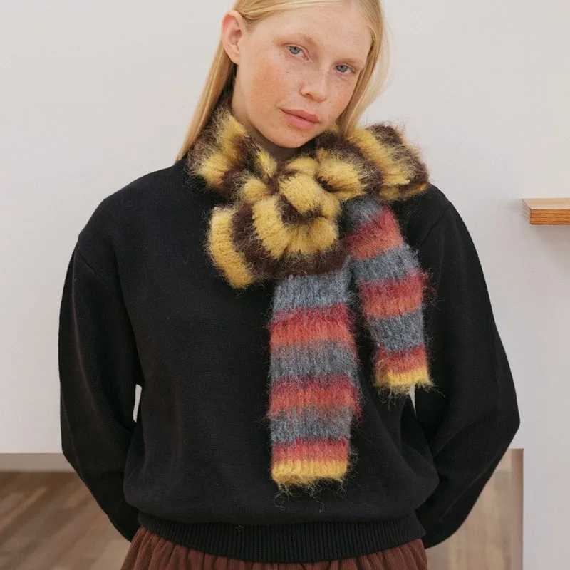 Korean Version Contrast Color Striped Knitted Scarf Women Soft Fluffy Rainbow Skinny Scarves Female Warm Muffler Autumn Winter J251022