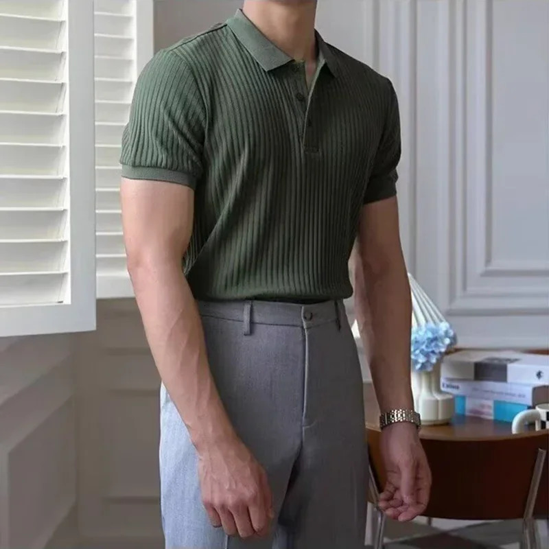 Vertical Stripe Knit Polo Mens Shirts Summer Slim Solid Color Breathable TurnDown Collar Business Short Sleeve Polo Tops 251020
