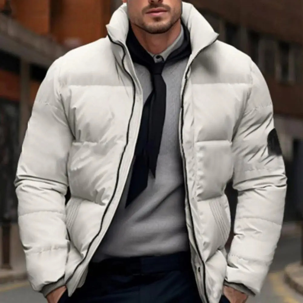 Men Quilted Jacket Solid Color Stand Collar Long Sleeve Zipper Closure Cotton Coat Thickened Jacket Down Cotton Puffer Outwear 251020