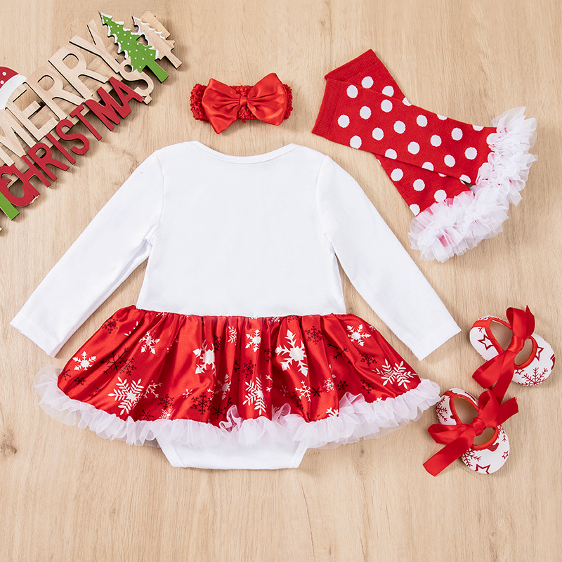 Winter Christmas Baby Girl Romper Dress Set Large Snowflake Print Long Sleeve Infant Onesies 4-Piece Set for Wholesale