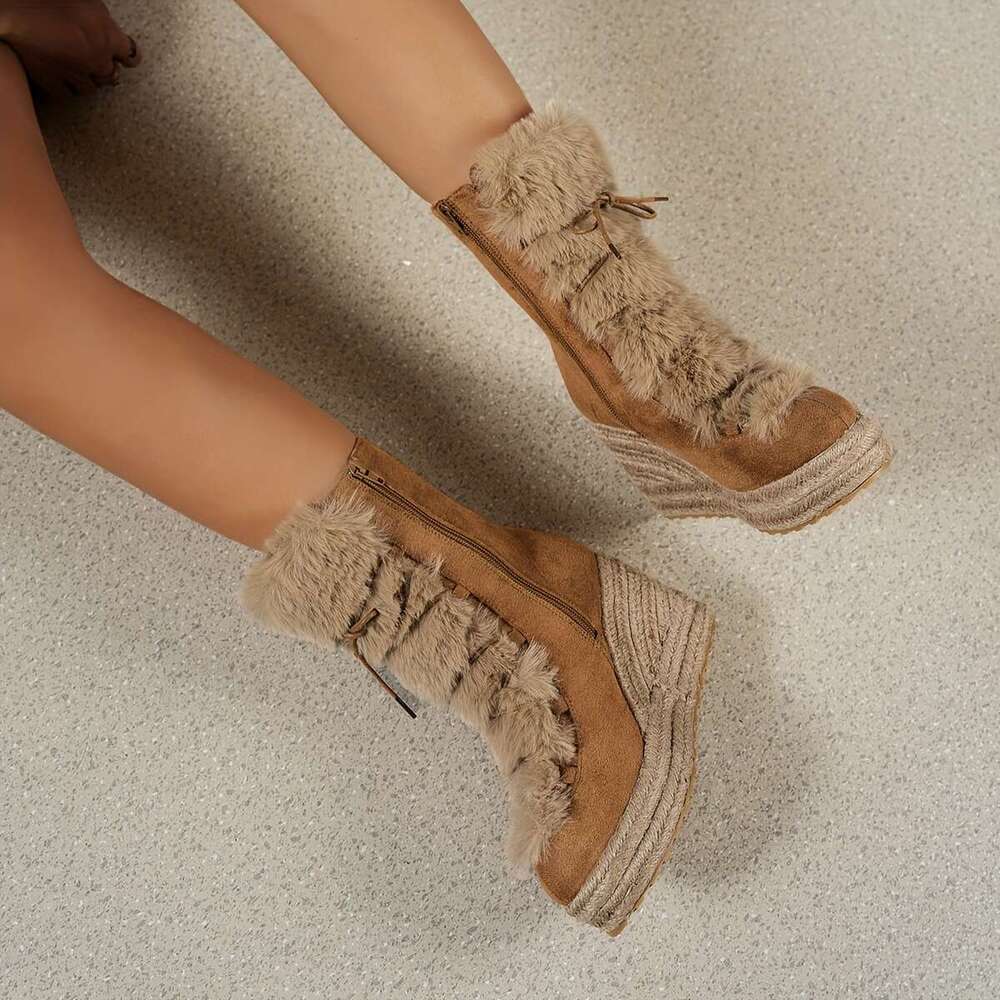 1Pr Women's Fashion Linen Wedge Platform Boots With Faux Fur Trim, Casual Solid Color Zip-Up Pointed Toe Ankle Booties For All Seasons, TPR Sole 