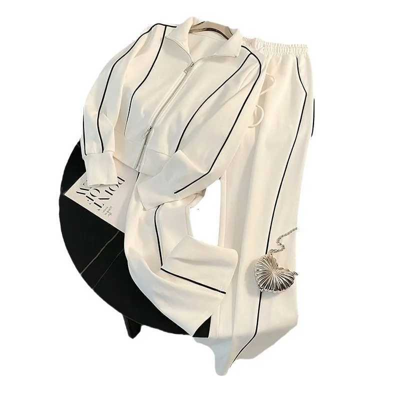 Women Sport Matching Sets Two Pieces Pant Set Solid Lines Double Zipper Coat Drawstring Wide Leg Pants Loose Casual 2025 AutumnT251022