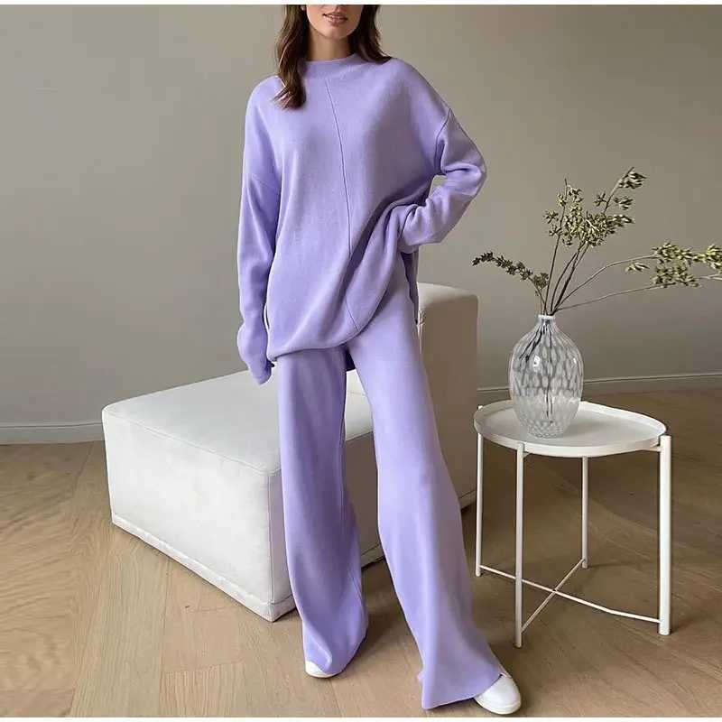 Split Turtleneck Women Sweater Suit Winter Solid Loose Casual Wide Leg Pants Female Two Piece Set 2024 Elegant Knit Tops OutfitsT251022