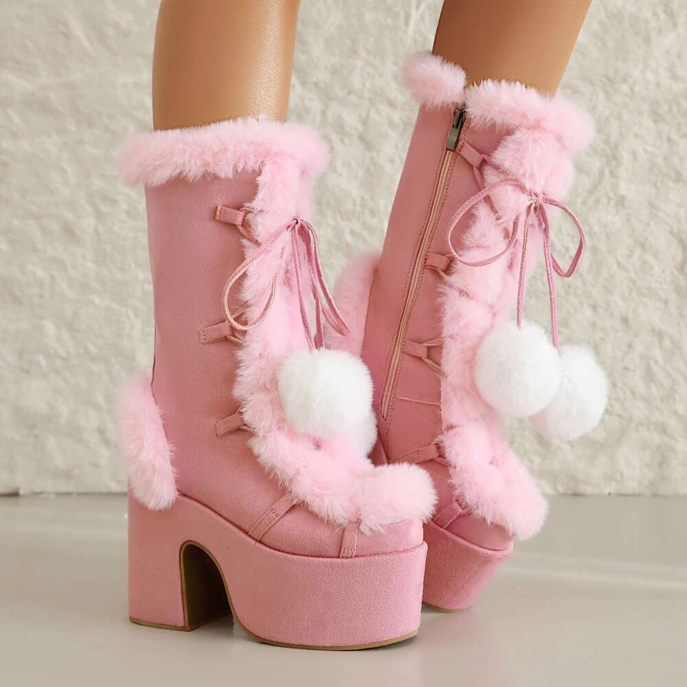 Women's Solid Color Boots, Side Zipper Pull On Platform Warm Plush Lined Chunky Heels, Non-Slip Y2k Fluffy Ball Boots