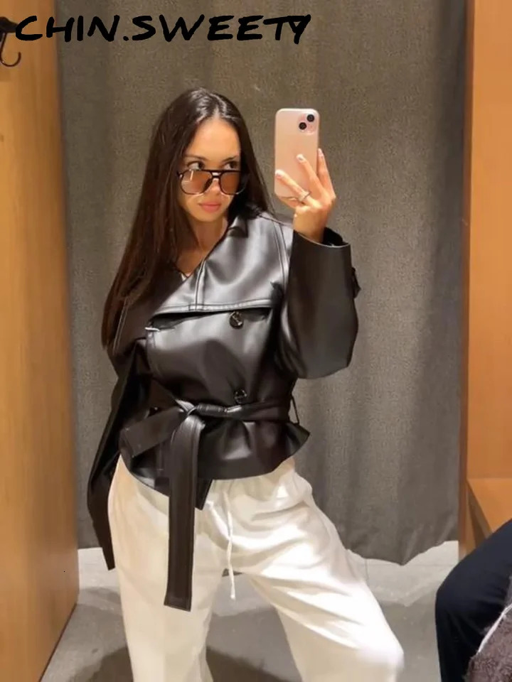 Elegant Vneck Lace Up Leather Jacket Women Double Breasted Long Sleeves Jackets Female Autumn Winter Highstreet Lady Coats 251020