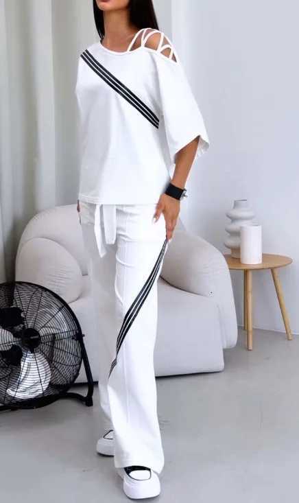 New Fashion Twopiece Womens White Sports Suit Sexy Off Shoulder Loose Sports Shirtcasual Pants Cotton Sportswear WomensT251022