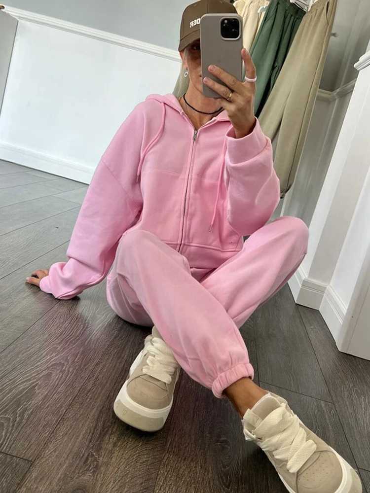 FSMG Casual Hooded Zippers Sweatshirts Pants Set Long Sleeved Cardigan Laceup Sportswear Two Pieces Set Female Tracksuit SuitT251022