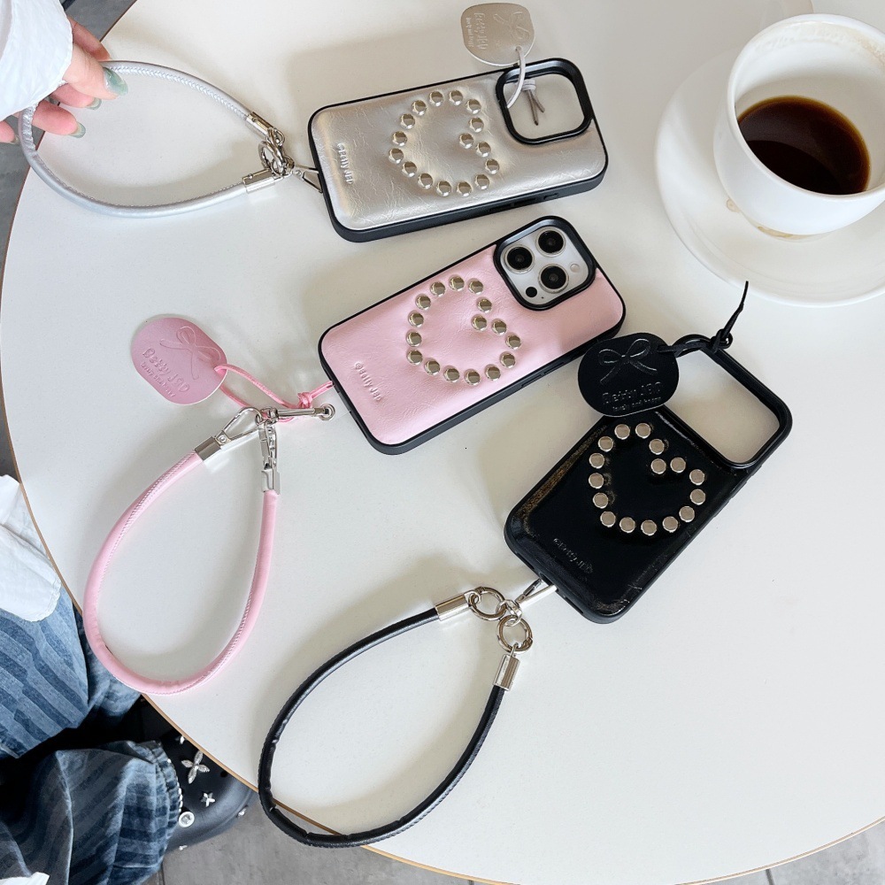 Oil Wax Leather Heart Rivet Phone Case Compatible with iPhone 17/16 Pro Simple Lanyard iPhone 15/14 Niche