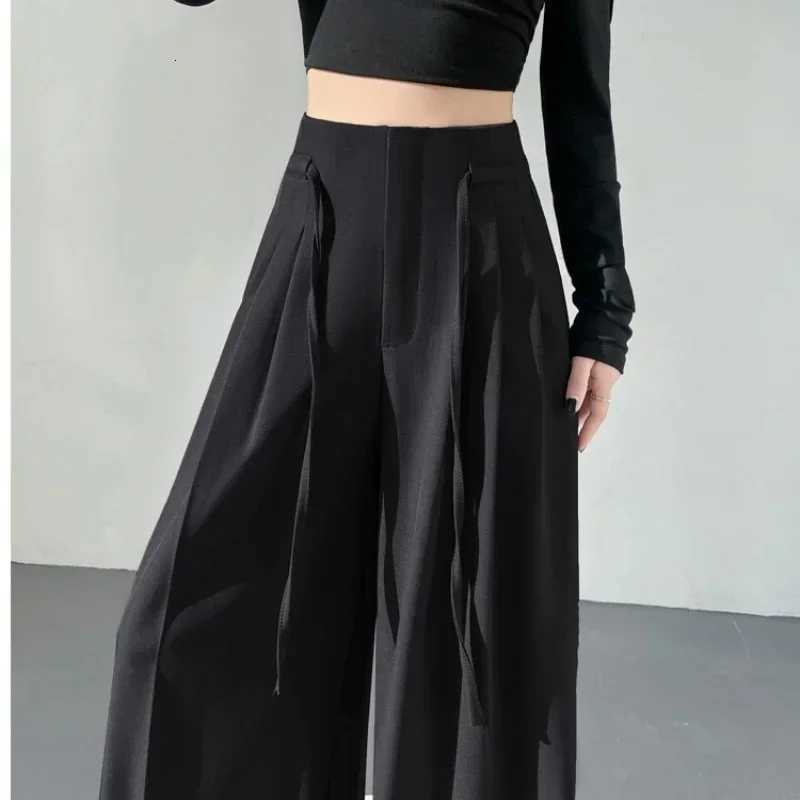 2025 New Spring Summer Laceup Loose Womens Wide Leg Full Length Pants High Waist Solid Female Elegant Straight Casual TrousersT251022