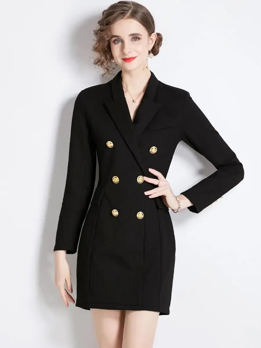Autumn Winter Thick Roman Cotton Black Blazer Dress Womens Notched Suit Long Sleeve Golden Double Breasted Office Lady Vestidos 251020