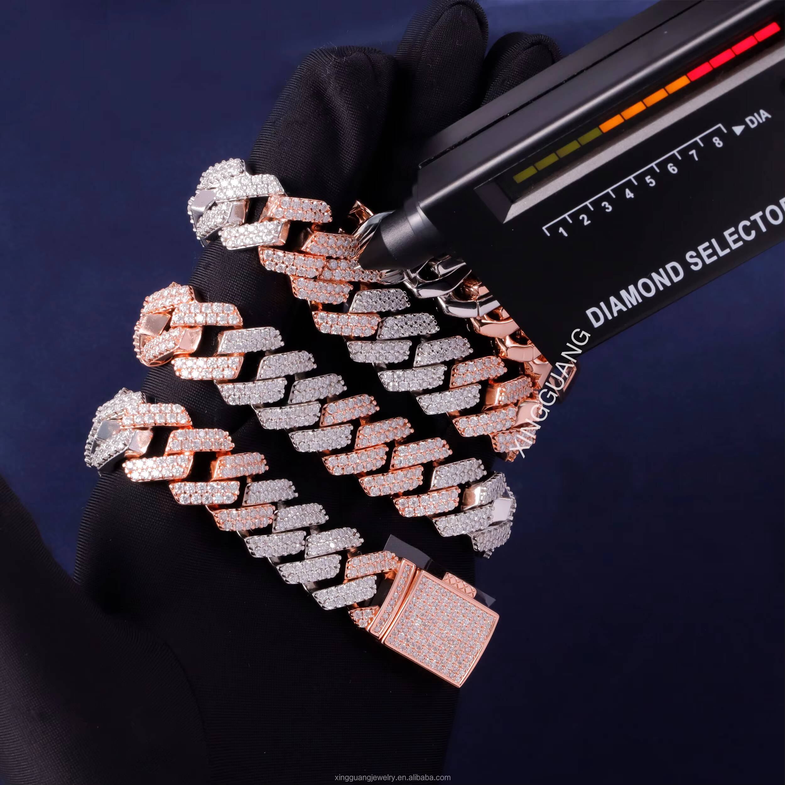 Customized Trend Two Tone Necklace 925 Silver Gold Plated Moissanite Cuban Chain Hip Hop Jewelry 15MM Wide VVS Moissanite Cuban Lidynamic Chain