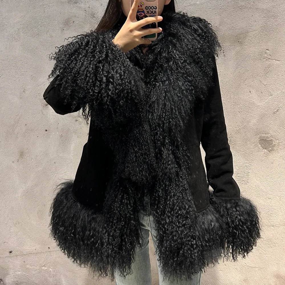 Black Suede Mongolian Sheep Fur Coat Women Jacket with Long Sleeve arrival Winter Real 251021