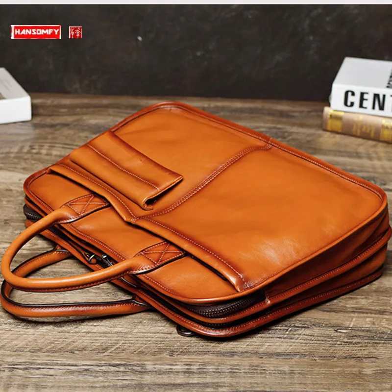 Cowhide Genuine Leather Mens Handbags Business Briefcases Large Capacity 1417 Inch Computer Bag Travel Shoulder Messenger Bags W251022
