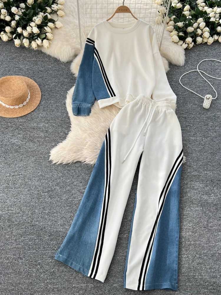 Pant Set Women Two Piece Sets Round Neck Matching Sets Sweatshirts Denim Splice Y2k Tops Casual Loose Long Pants High WaistT251022