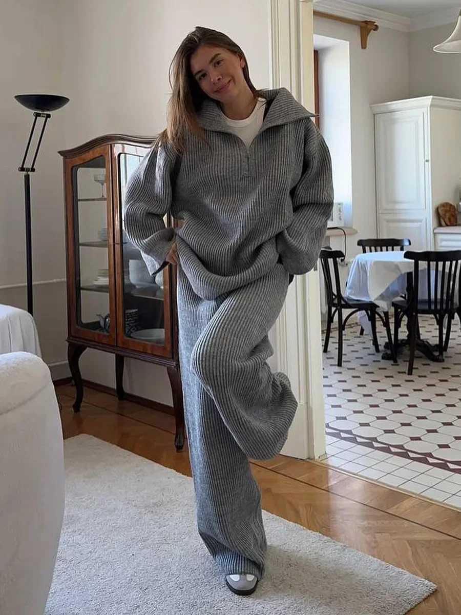 Wolfeel Womens New Autumn Winter Collared Half Zip Ribbed Knit 2Piece Set Oversized Wide Leg Pants Fashion Sweater SuitT251022