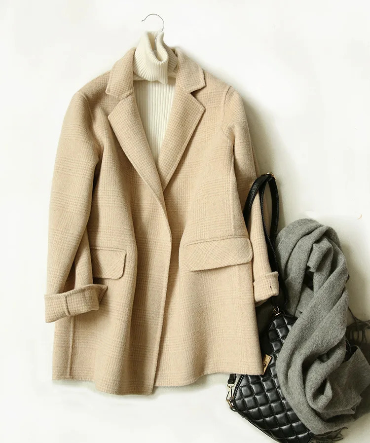 Handmade Sewn Doublesided Woolen Blazer Women Spring Autumn Plaid Wool Overcoat Office Lady Casual Suit Coat Thick Jacket 251020