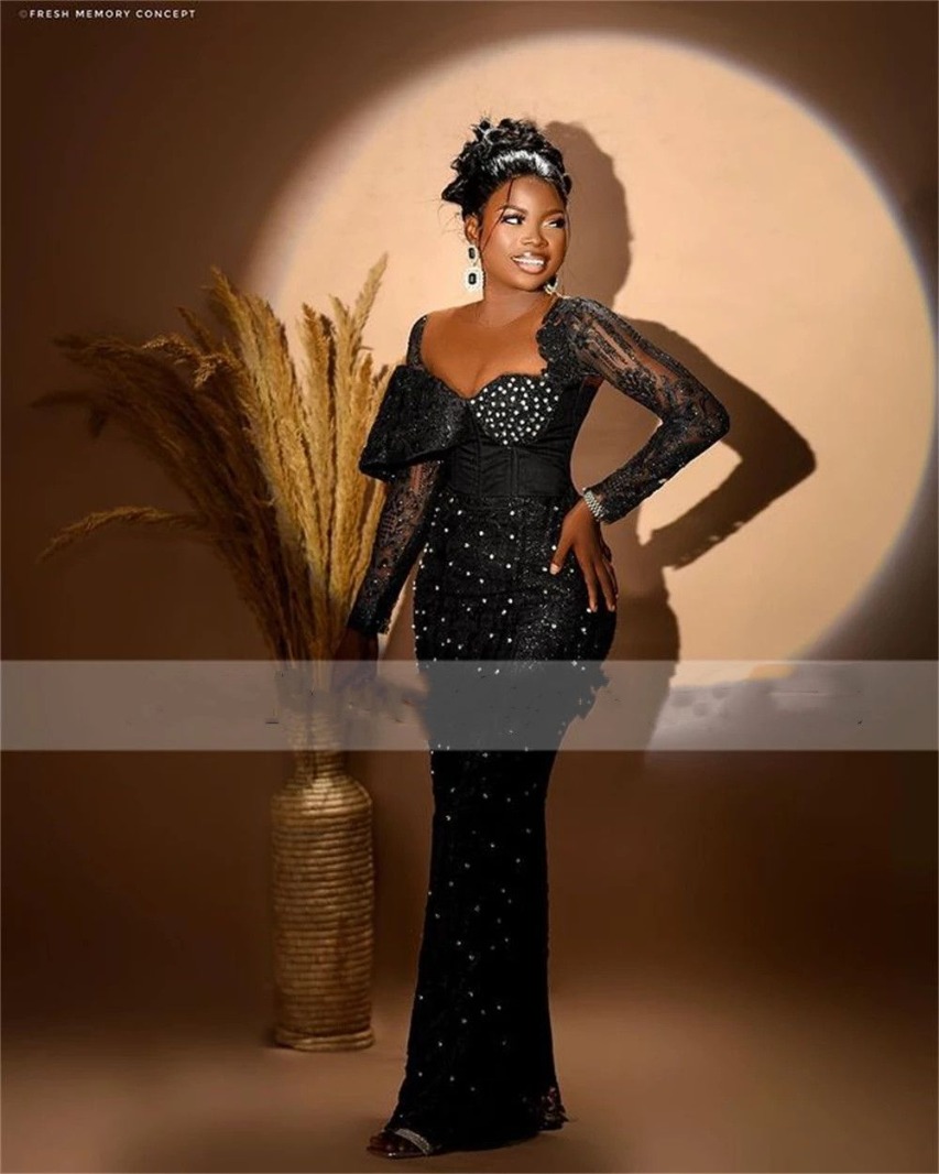 Luxury Aso Ebi Black Mermaid Evening Dresses 2026 With Overskirt For African Women Long Sleeves Formal Beaded Prom Party Gowns O22