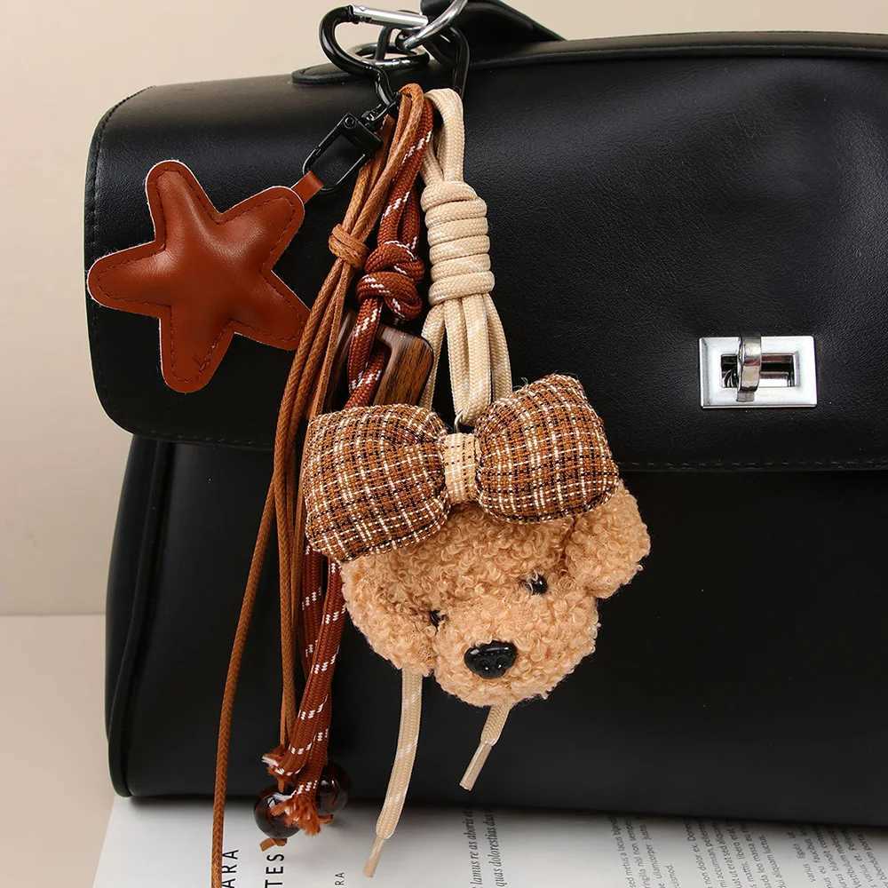 Cute Bowknot Plush Little Dog Pendant Keychain Five Pointed Star Woven Rope Design Bag Hanging Piece INS Style Accessories A275 J251121