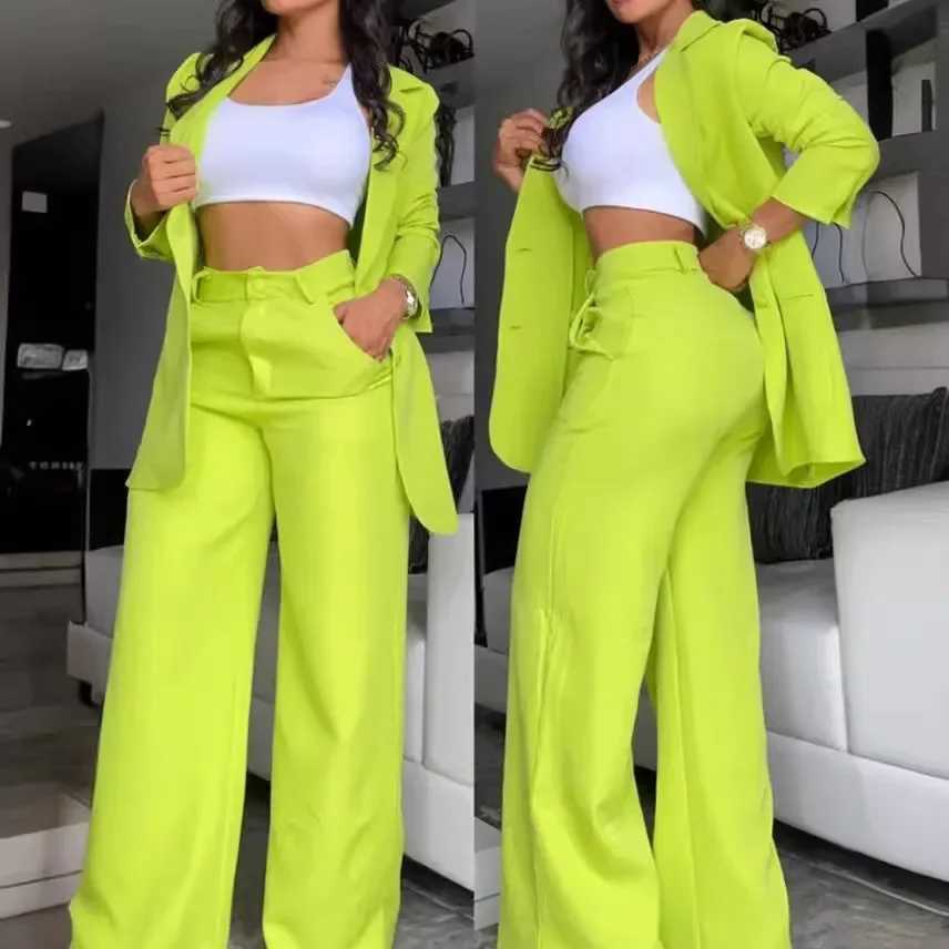 Women Pant Sets Two Piece Set Pants Turn Down Collar Single Breasted Tracksuit Outerwear Ankle Length Straight Pockets LooseT251022