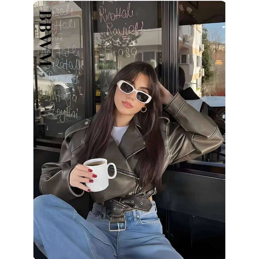 Women Vintage Loose Washed Faux Leather Short Jacket Streetwear Female Zipper Belt Moto Biker Retro Coat Outwear Tops