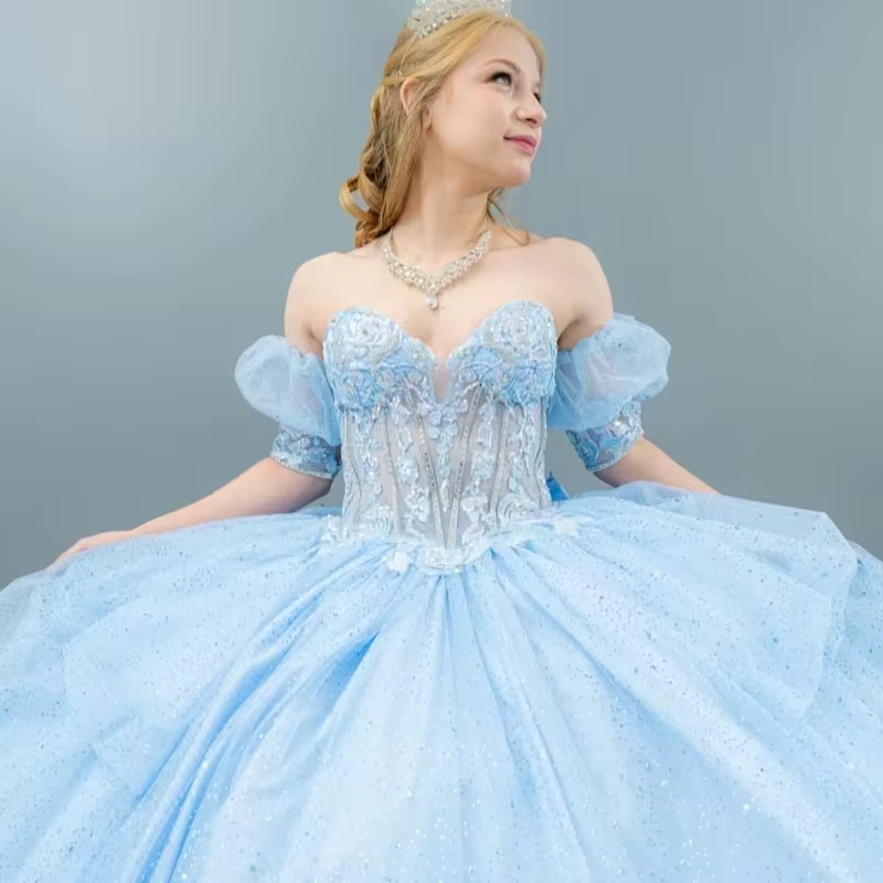 Sky Blue Glitter Ball Gown Sweet 16 Year Old Quinceanera Dresses Beads Bow Elegant Evening Party Dress Vestidos De Gala Vestidos De 15 Anos