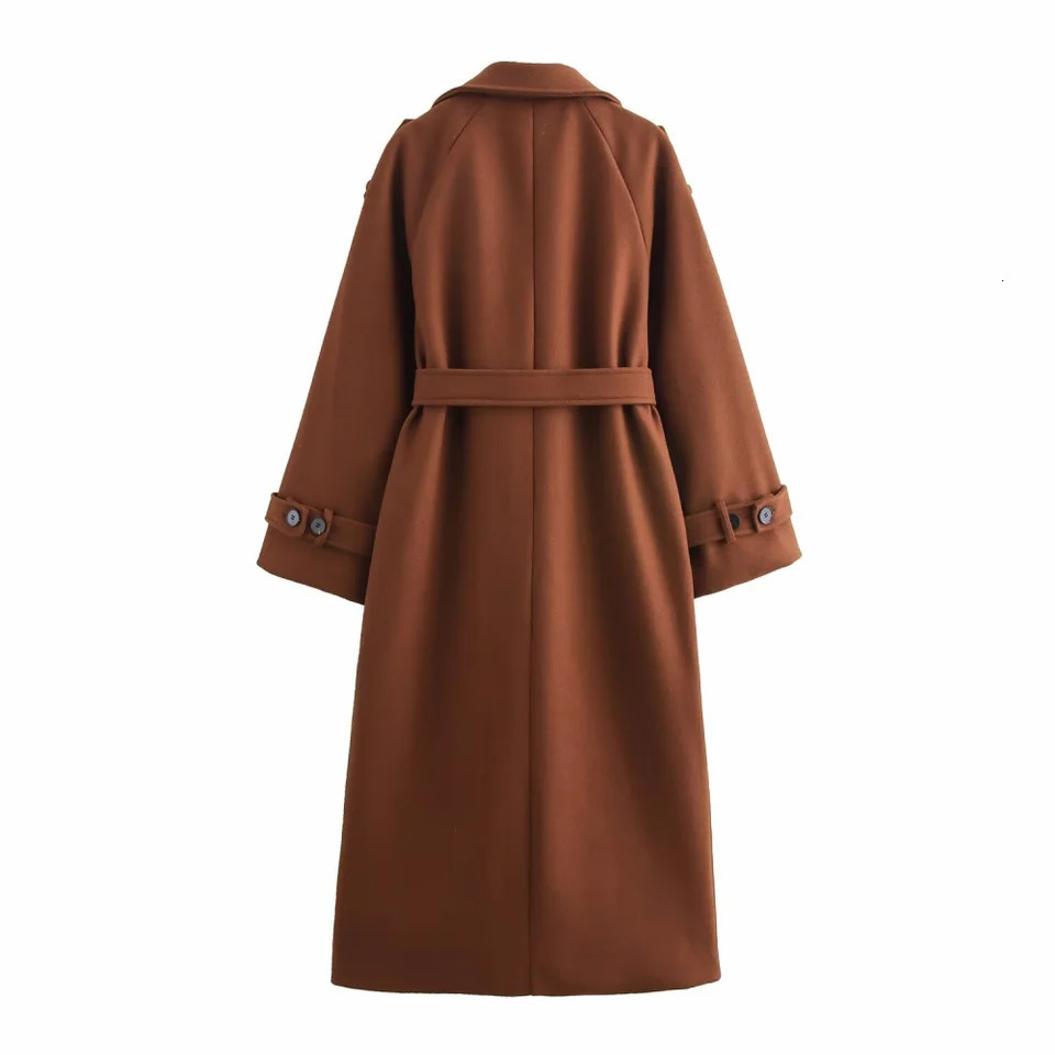 Womens Blended Loose Flip Collar Long Sleeve Button Pocket with Belt AutumnWinter Style Woolen Coat 251020