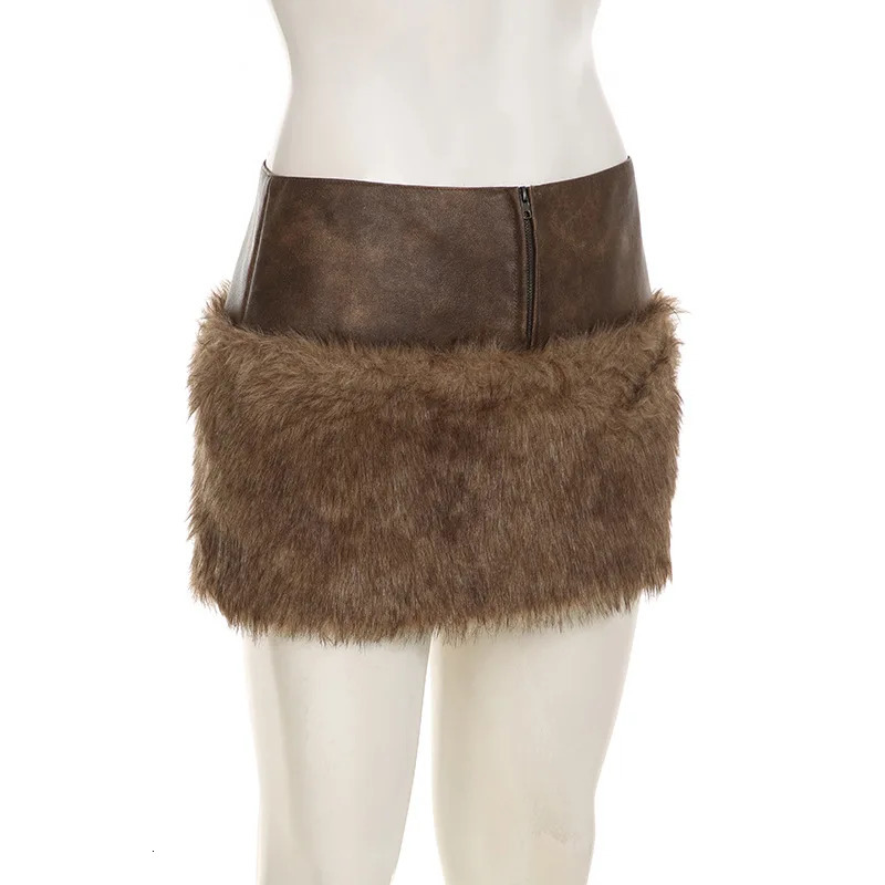 Sexy Brown PU Leather Fur Skirt Street Plush Zipper Splicing Hip Skirt for Women Winter 251022