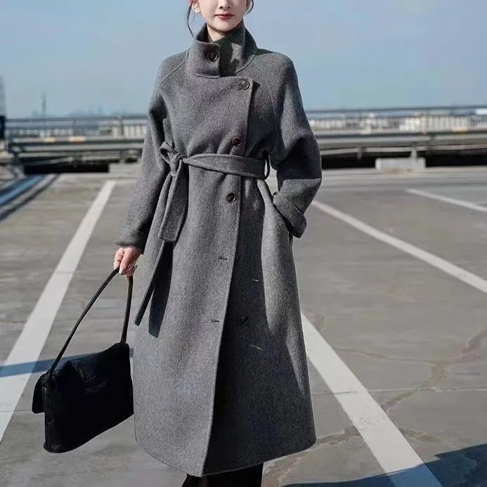 Women dark grey black stand collar 100 woolen double sided coat long length loose soft warm outerwear overcoat autumn winter 251020