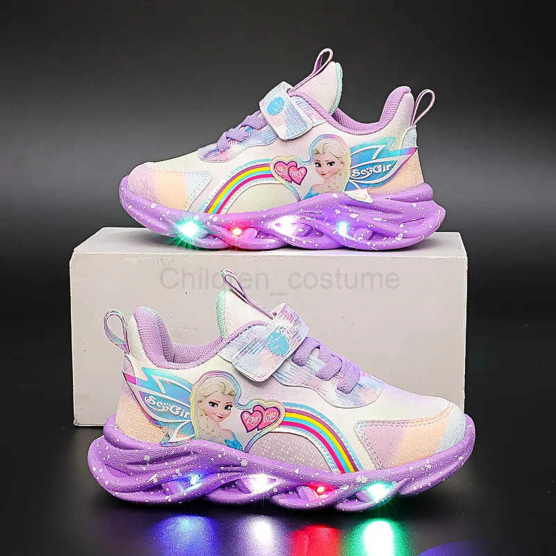 Disney Casual Sneakers LED Lighted For Spring Girls Frozen Elsa Princess Rainbow Outdoor Children Nonslip Pink Purple Shoes H251022