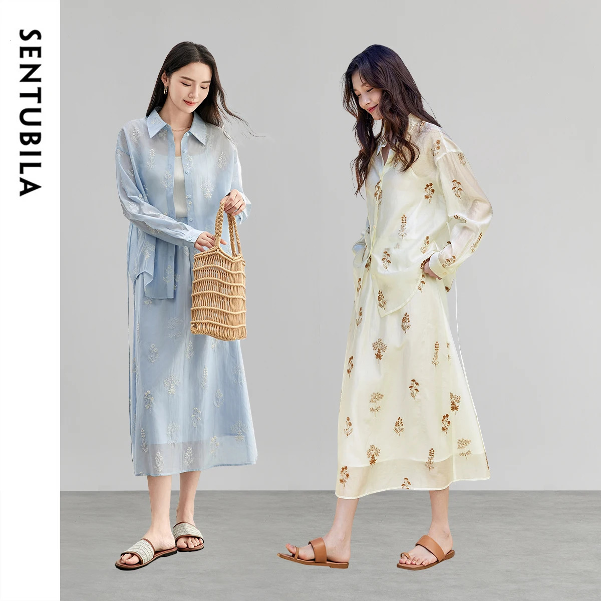 SENTUBILA Shirt Skirt Sets Women Outfit Loose Embroidery Lace Up Shirt Elastic Waist Skirt Lyocell Match Sets 151Z58161 251014