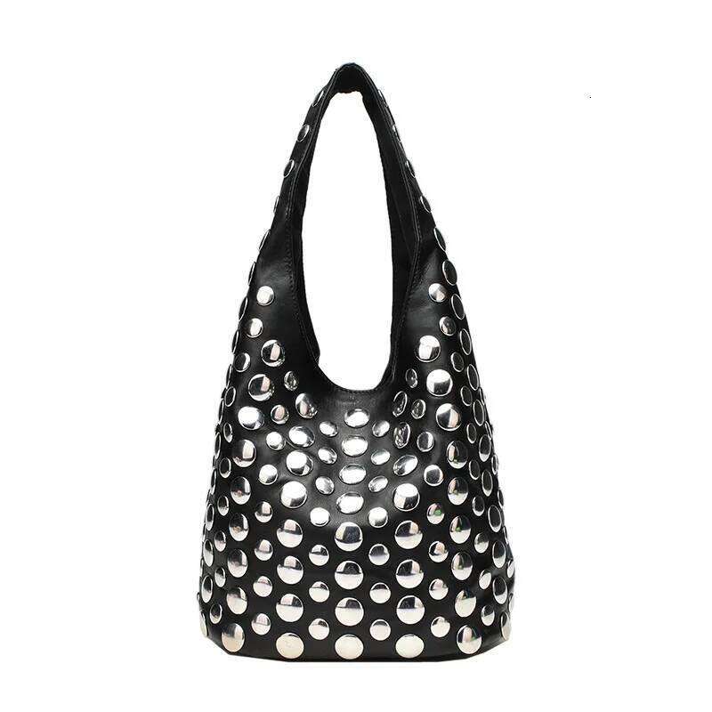 Large Capacity Rivet Designer Women Shoulder Soft Casual Black Female Shopping Lady Bucket Handbag Tote Travel Bag Suo251022