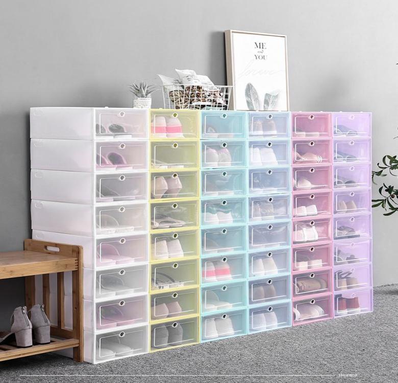 Thicken Clear Plastic Shoe Box Dustproof Shoe Storage Box Flip Transparent Shoe Boxes Candy Color Stackable Shoes Organizer Box 6 5511129