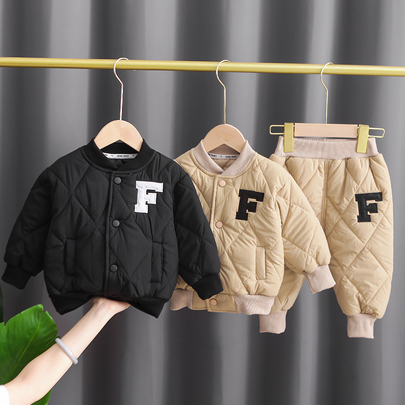 Winter Warm Baseball Jacket Set for Toddler Boys, Heavyweight Quilted Cotton Outfit, Solid Color Padded Cardigan