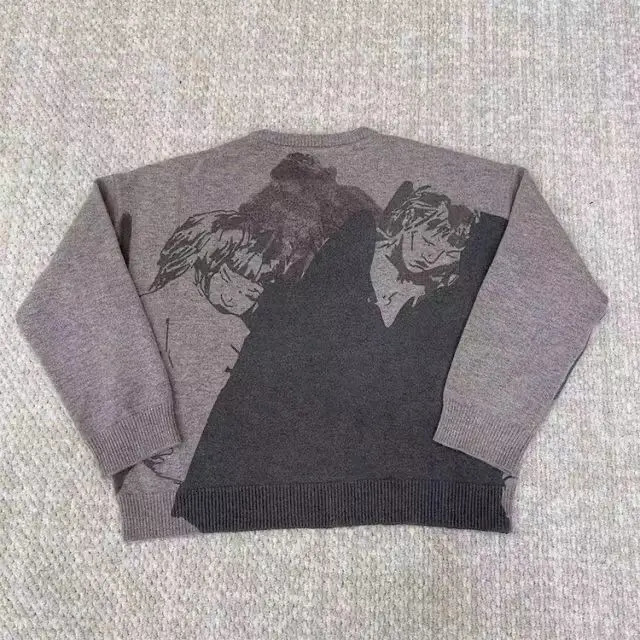 Y2K American Grey Pattern Printed Sweaters Men And Women Autumn Winter Gothic Punk Casual Fashion Round Neck Pullover Sweater 251020