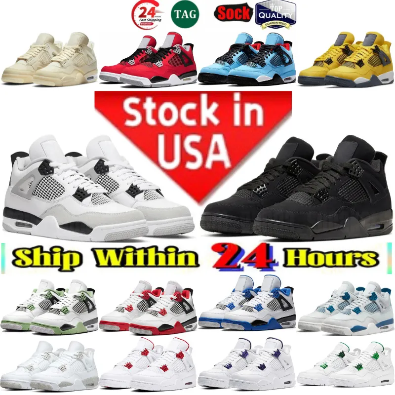 Local warehouse in the US Designer Basketball Shoes 4 Men Women 4s Cat Mens Outdoor Sports trainers Military Black Sail Olive Fire Red Cool Grey Sneakers