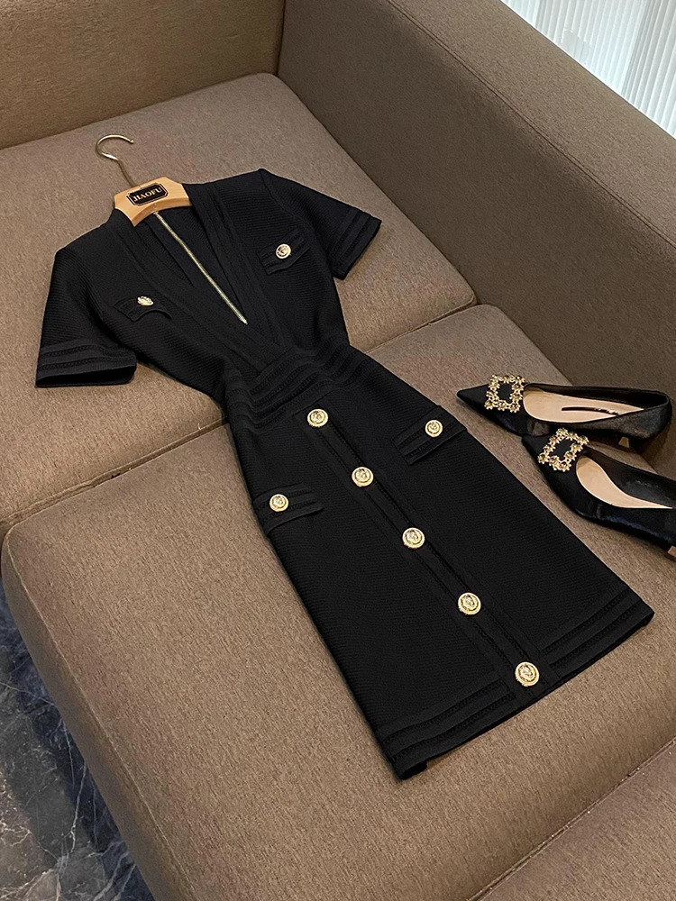 Elegant Style Office Lady Singlebreasted Solid Vneckline Short Sleeve Women Skinny Summer Mini Slim Dress 251020