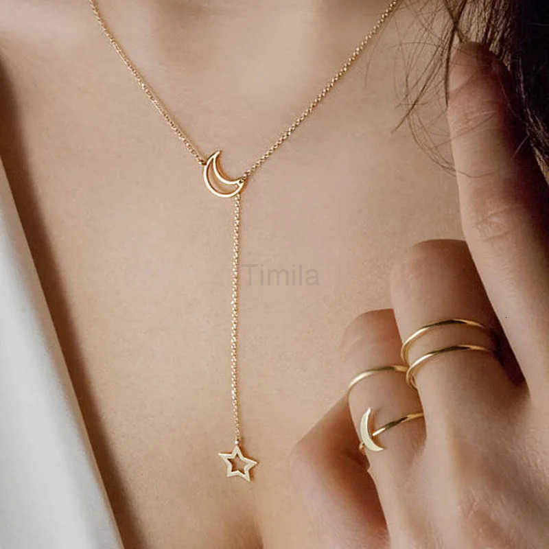 New Simple Moon Star Pendant Choker Necklace Simple Gold Color Alloy Charm Chain Collares Necklace For Women Party Jewelry U251022