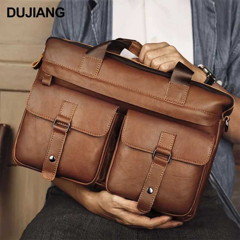 Retro genuine leather singleshoulder bag largecapacity business multipocket briefcase mens multifunctional laptop bag W251022