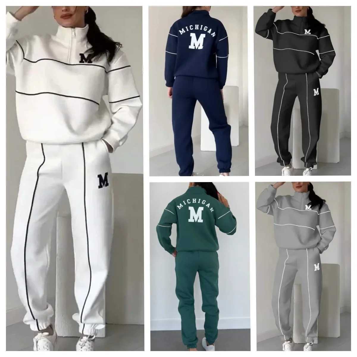 Two Piece Sets Women Pant Set Zipper Tracksuit Jogger Y2k Loose Sweatshirts Print Letter Elastic Waist Long Pants Autumn WinterT251022
